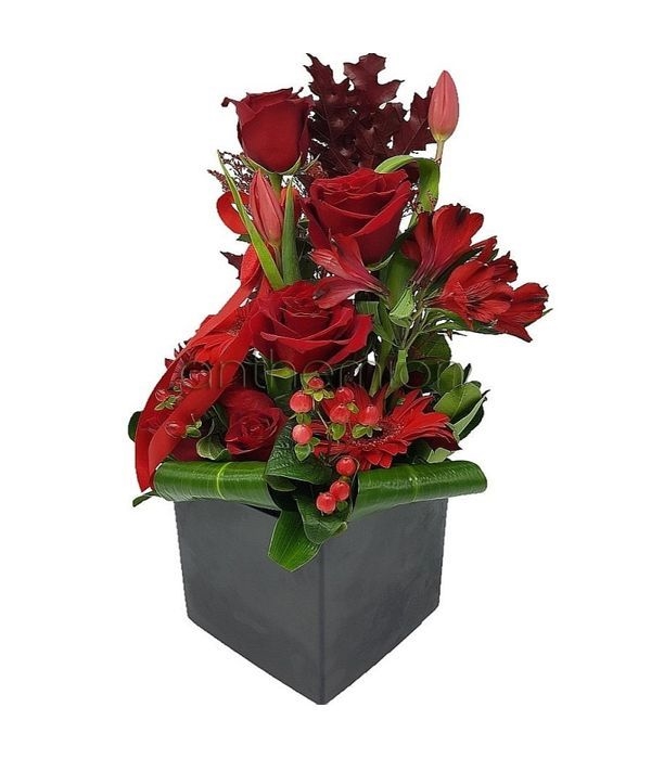 Red flower arrangement in cube (Basic)