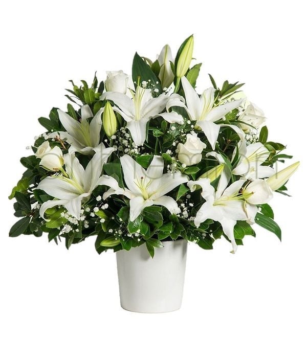 White flower arrangement in ceramic pot (Basic)