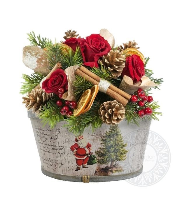 Festive flowers in wooden basket