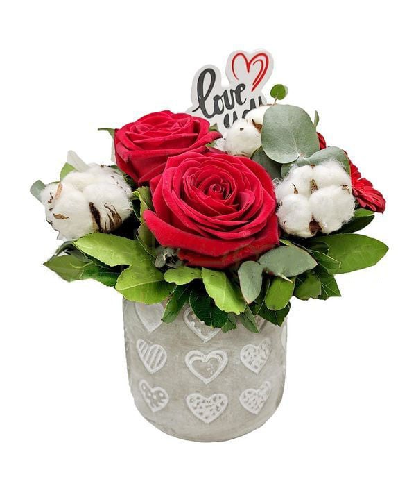 Love Roses in ceramic pot with hearts
