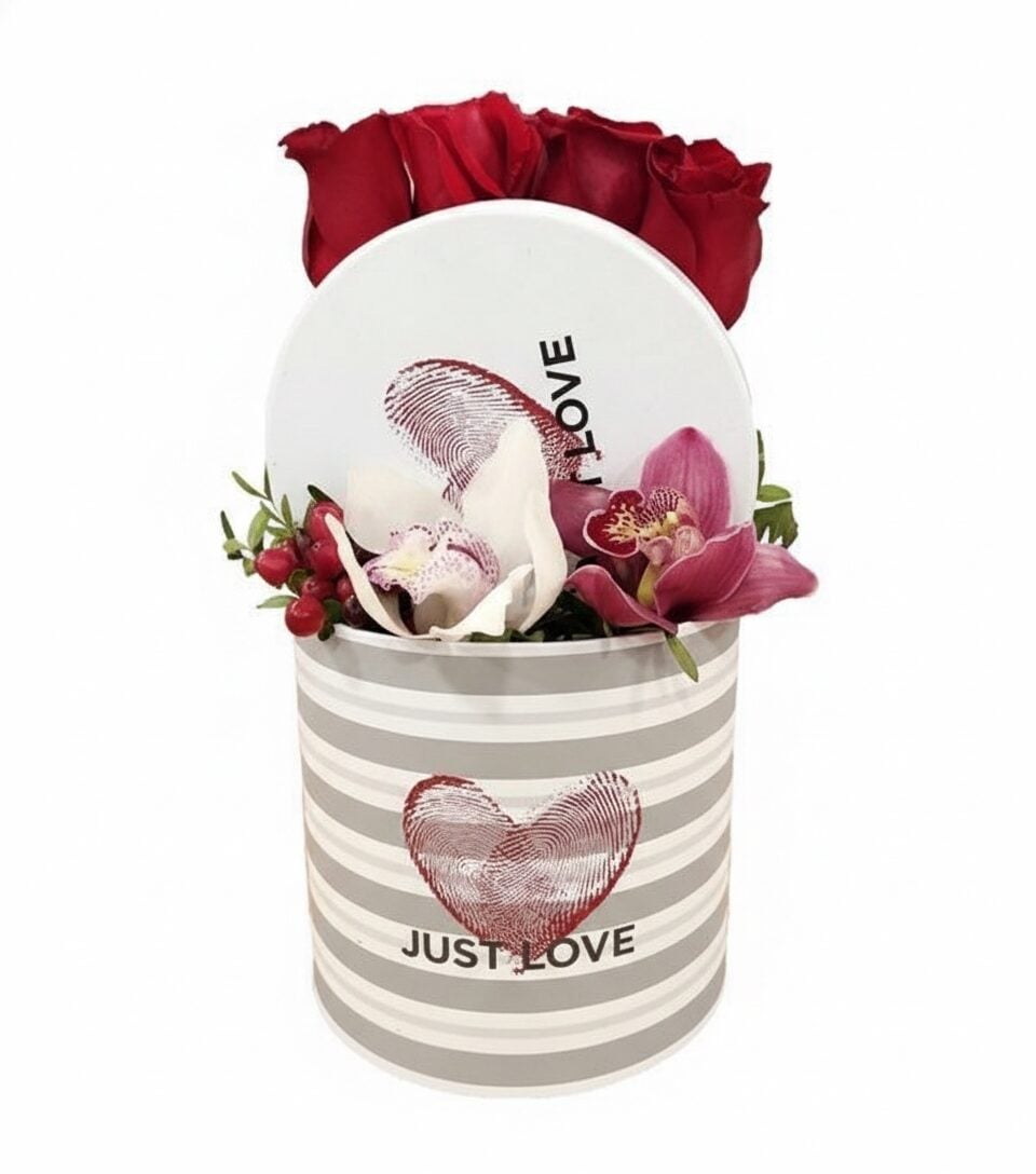 Just love gift box with roses and orchids