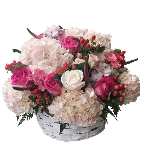 Basket filled with fuchsia and white flowers (Basic)