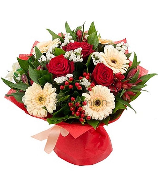 Bouquet with cream|salmon and red flowers (Basic)