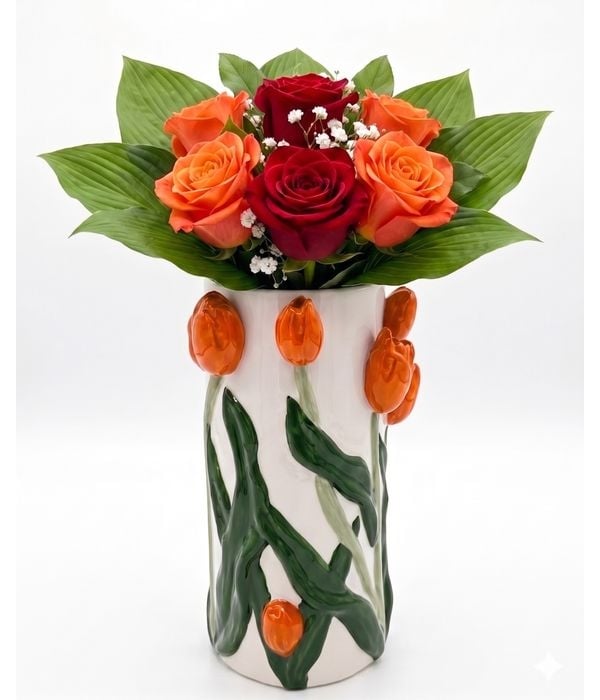 Vibrant Red & Orange Rose Bouquet in a Sculpted Ceramic Tulip Vase (Basic)