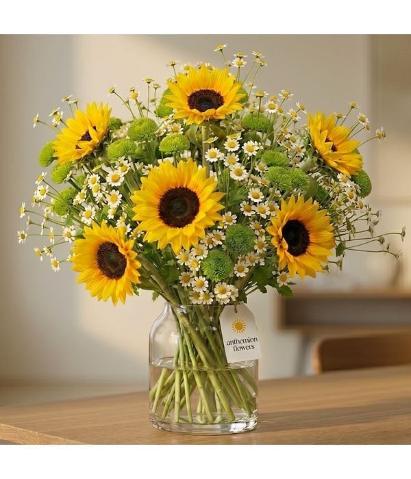 Bouquet of sunflowers, solidago and gerberas (Basic)
