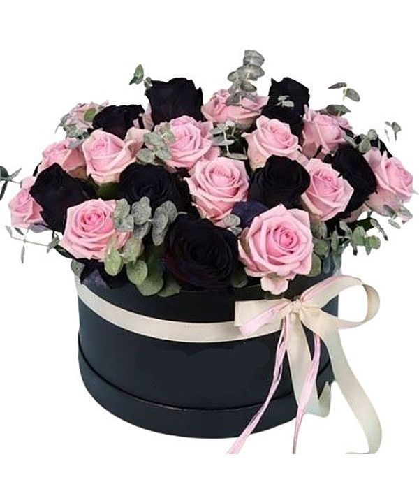 Black and pink mixed roses in gift box