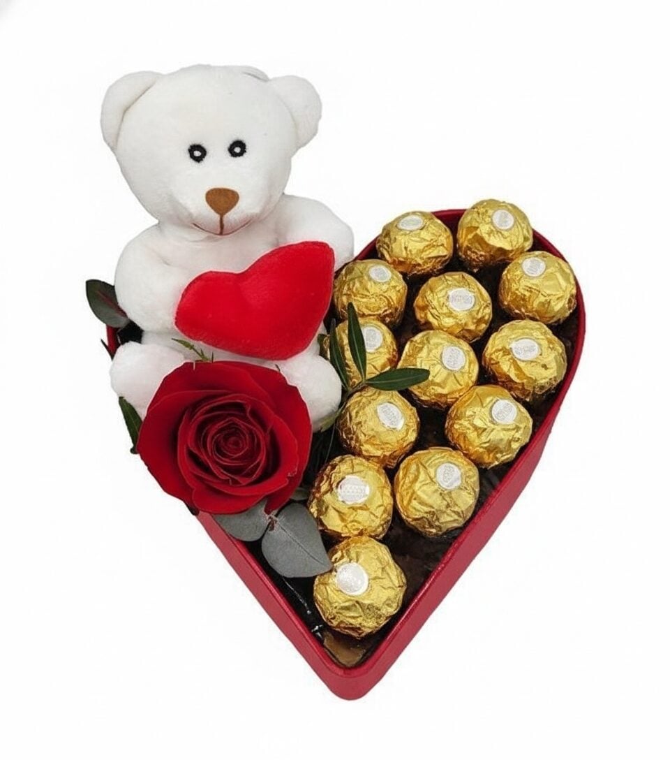 Heart Base With Roses, Chocolates And Asti Martini