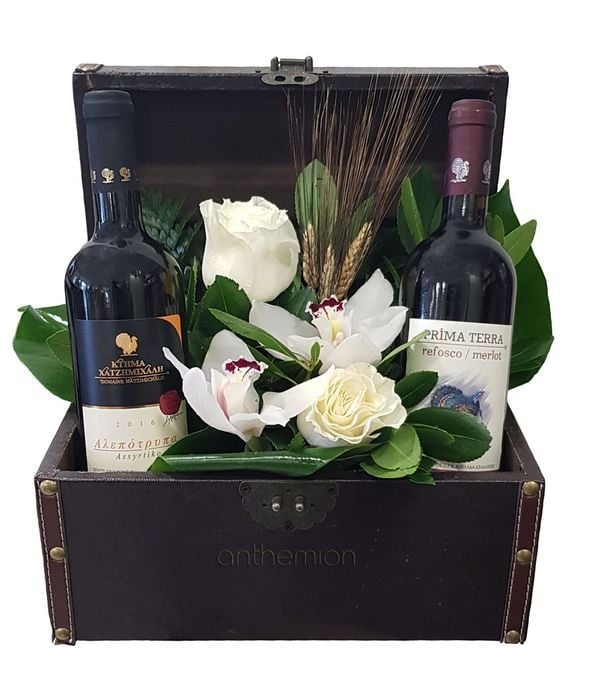Wines and flowers in chest