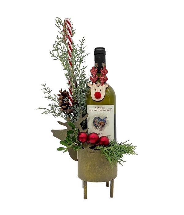Wine with festive decoration on a metal reindeer