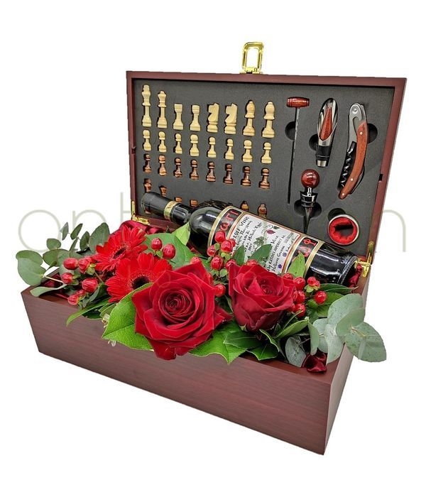Chestboard with wine accessories and wine