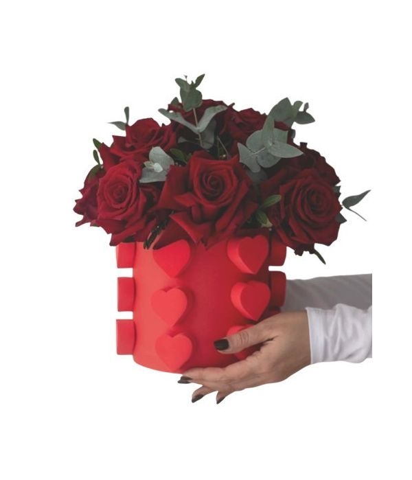 Classic red roses in a red box with hearts!