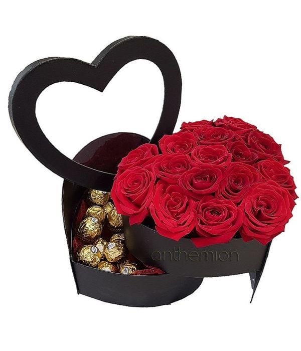 Roses and chocolates in rotating gift box
