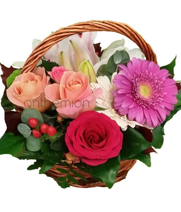 Basket with roses, gerberas and lilies (Basic)