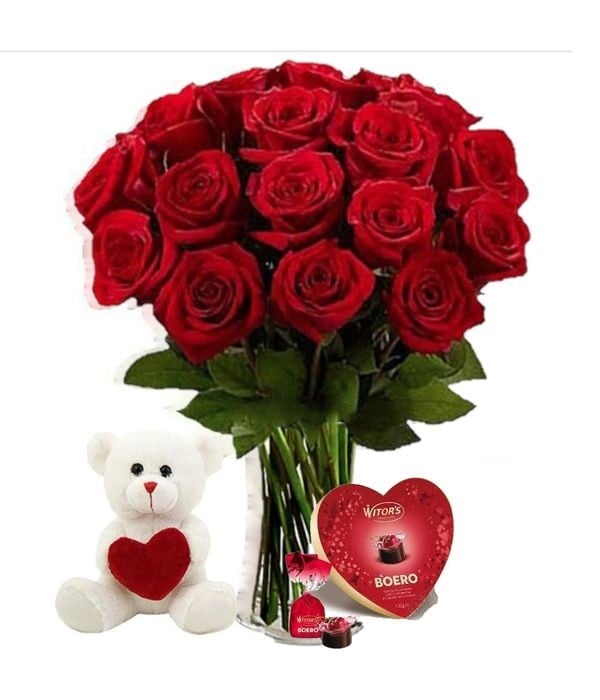 24 red roses with chocolates and teddy bear