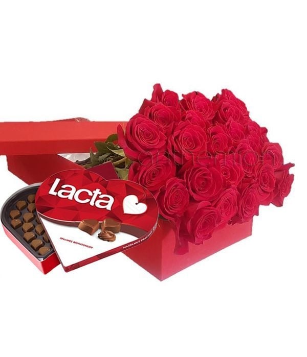 Gift box with 24 red roses and chocolates