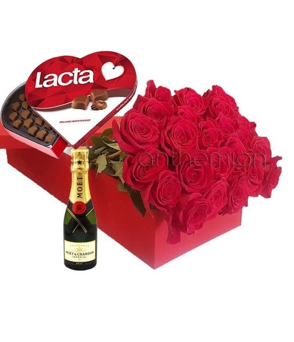 Gift box with 24 roses, chocolates and MOET