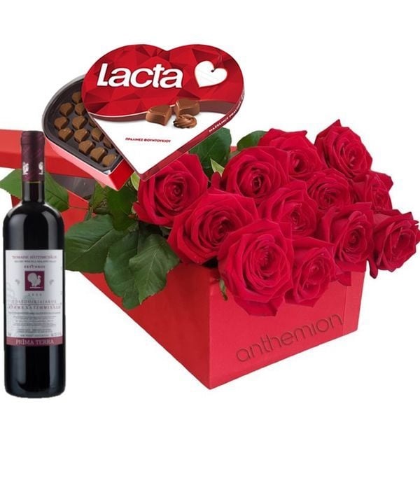 Red roses, chocolates and wine in gift box