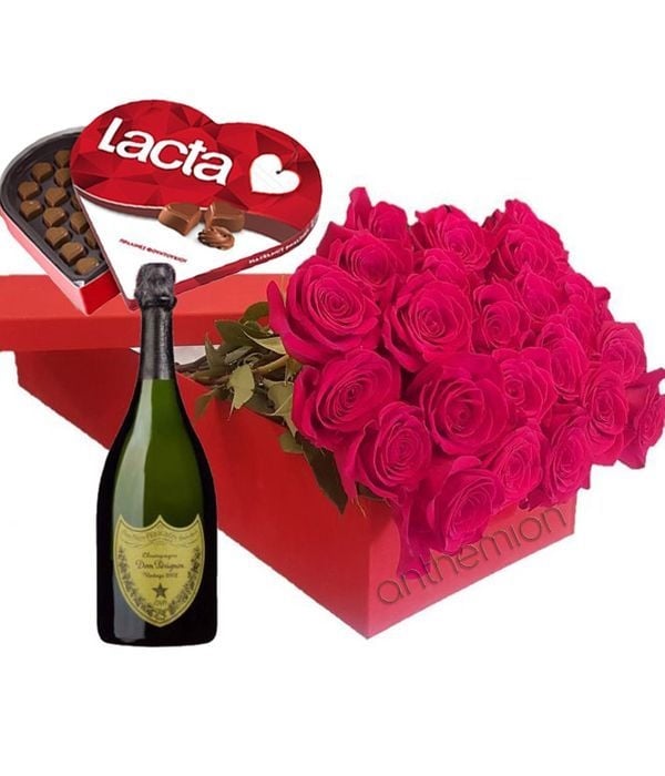 Dom Perignon with roses in gift box