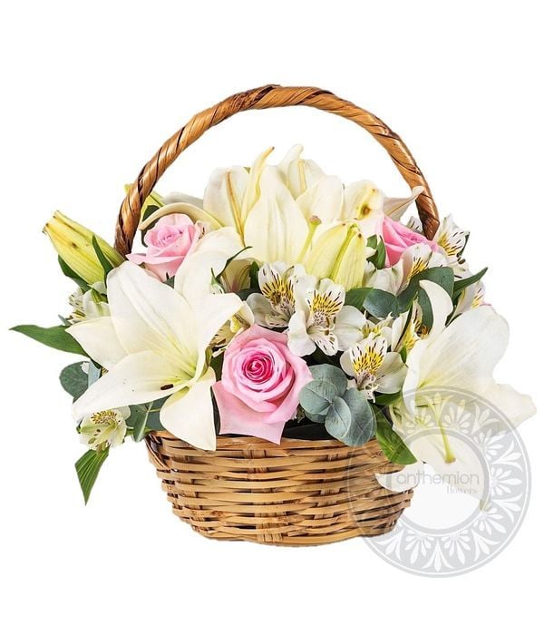 Pink and white roses and oriental lilies in basket (Basic)