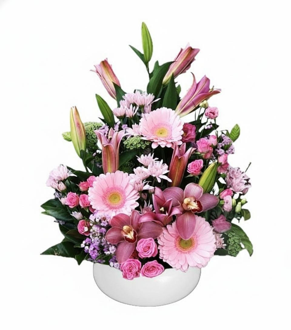 Tall arrangement with white and pink flowers