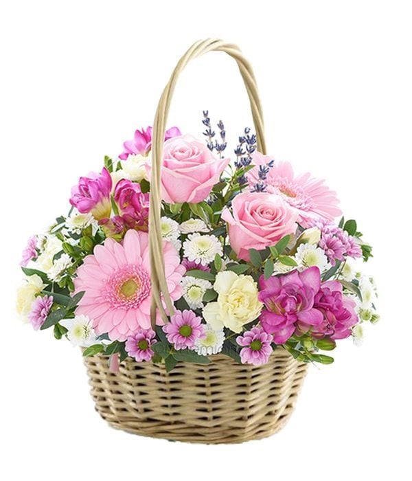 Pink and white flowers in basket (Basic)