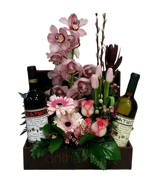 Pink flowers with two bottles of wine (Basic)