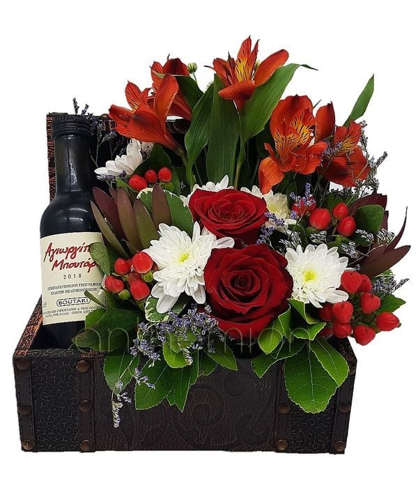 Wooden Chest With A Bottle Of Wine And Flowers (Basic)