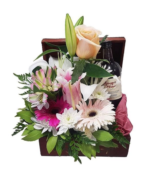 Wooden Chest With Red Wine And Flowers (Basic)