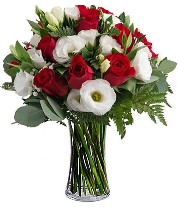 White eustomas with red roses