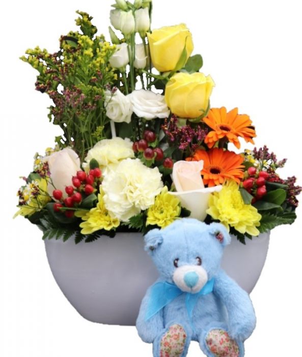 Flowers With Teddy Bear For Baby Boy