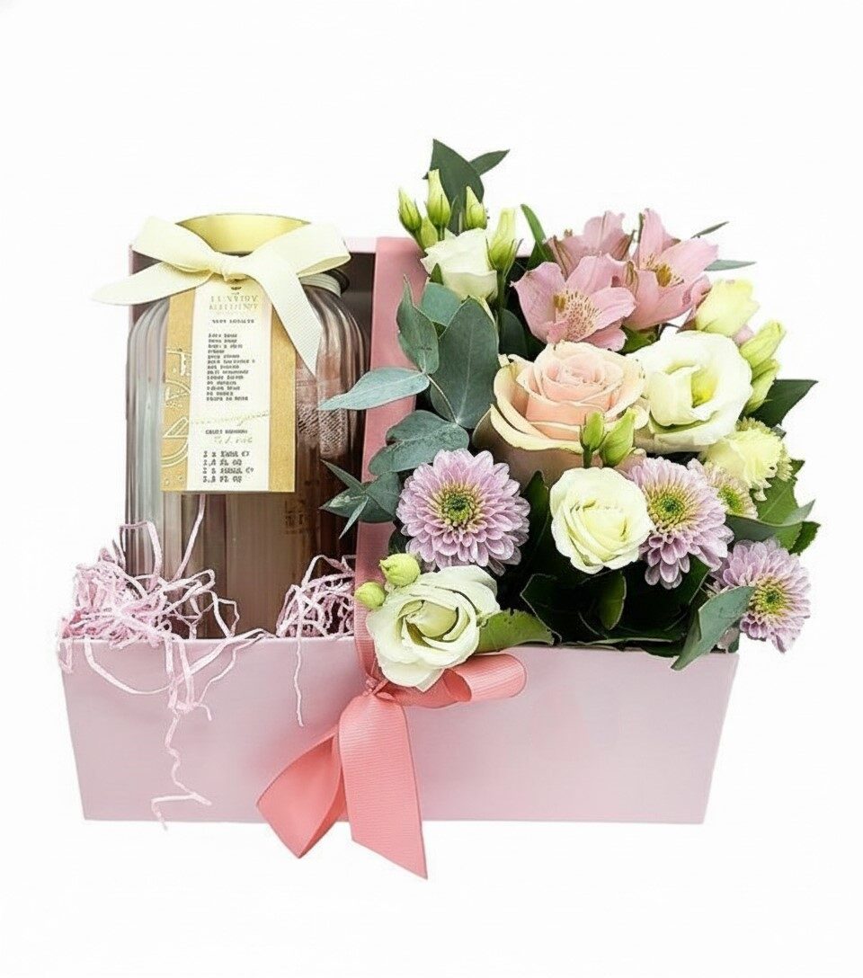 Pink box with care set and flowers