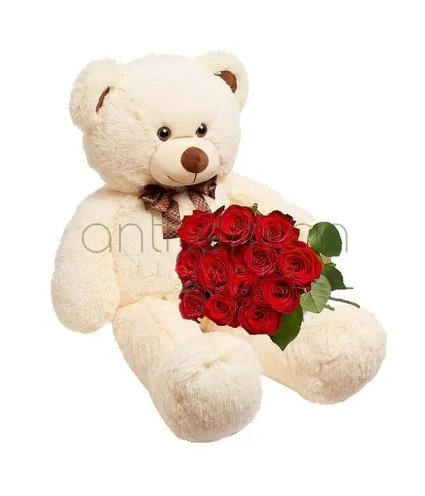 Red roses with beige teddy bear 60cm