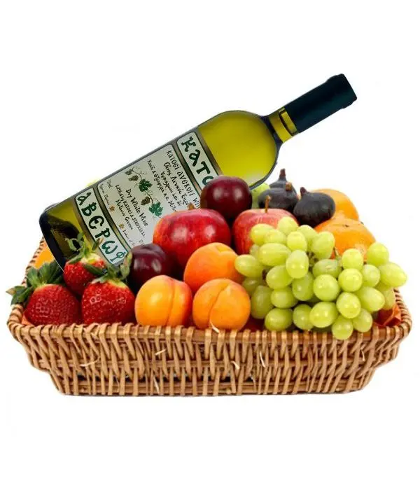 Basket filled with fruits and wine