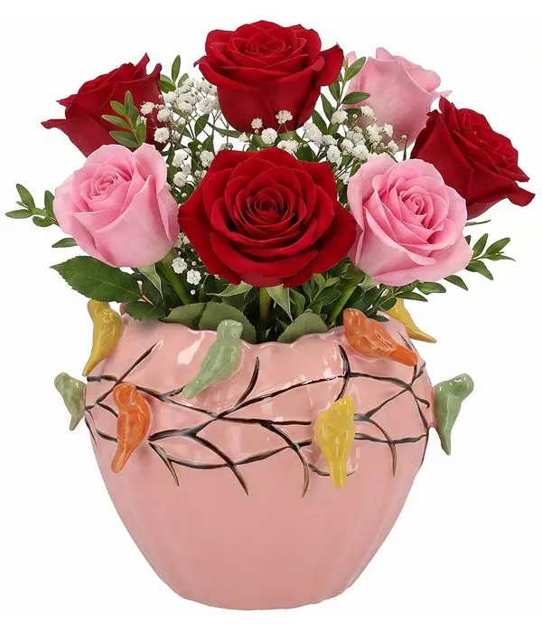 Ceramic Bird Vase - Pink with red and oink roses