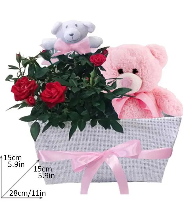 Basket with red mini rosebush and teddy bear for girl