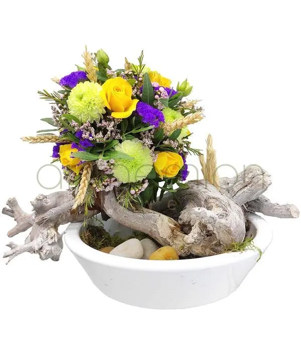 Ball of flowers in ceramic pot