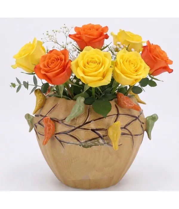 Ceramic Vase with Birds, Melancholic Design in Sand Color, Handmade