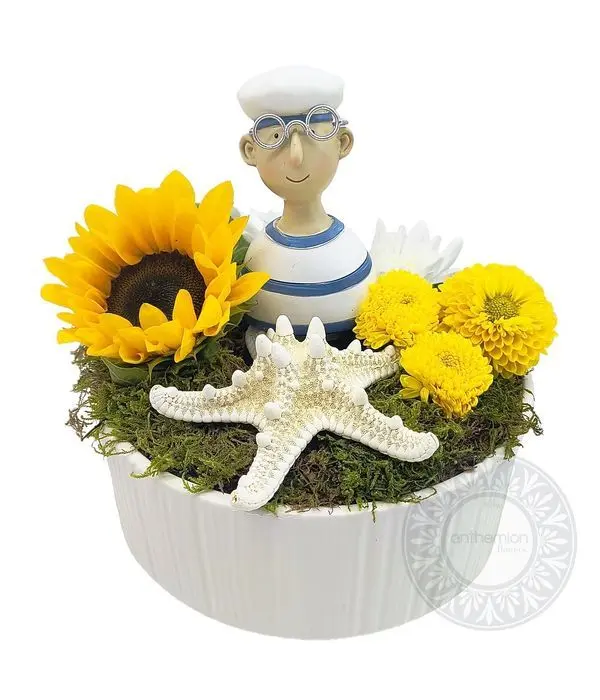 Ceramic pot with summer flower arrangement