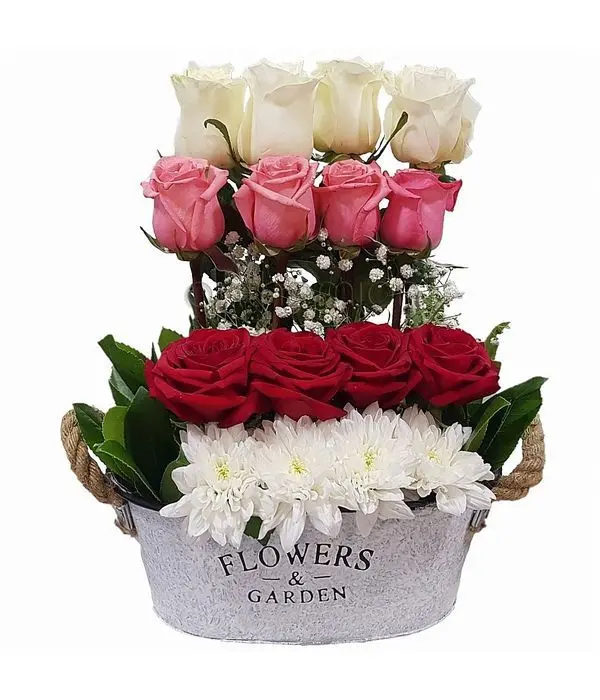 Rose arrangement in a metallic container
