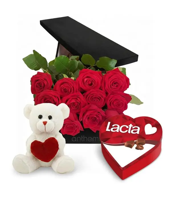 12 red roses in a gift box, teddy bear and chocolates