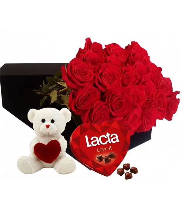 24 Red Roses, with Chocolates and a Teddy Bear