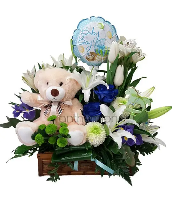 Newborn baby boy flowers, teddy bear and balloon