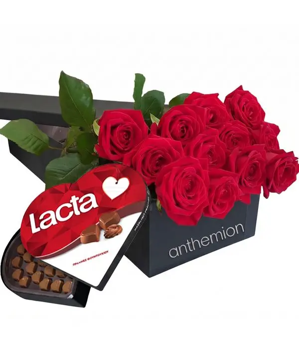 12 Red roses in a black box chocolates