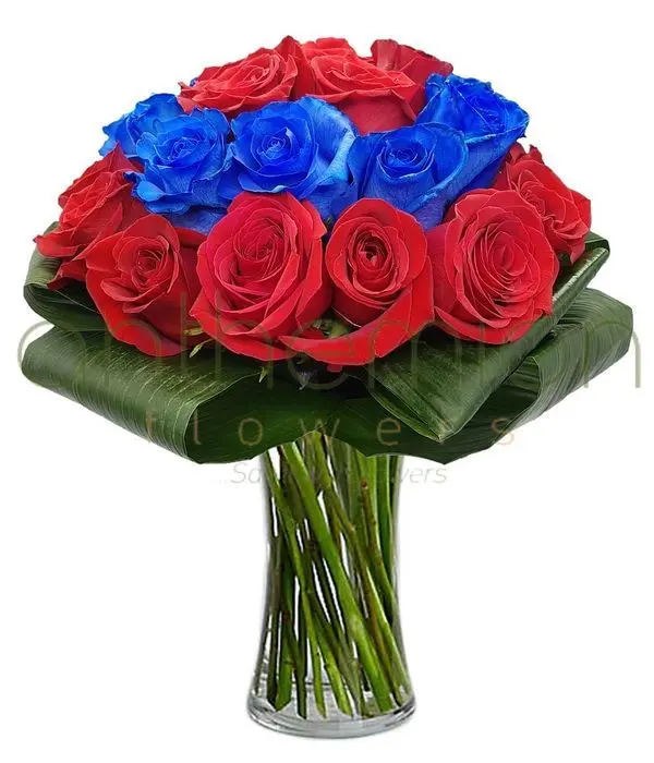 Blue and red roses bouquet