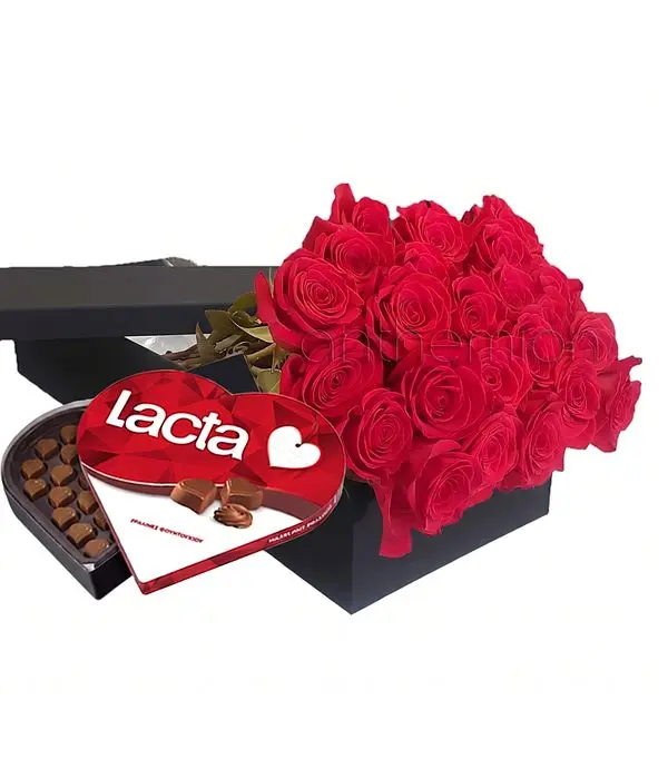 Gift box with 24 red roses and chocolates