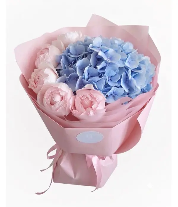 Romantic Bouquet with Blue Hydrangea and Pink Peonies
