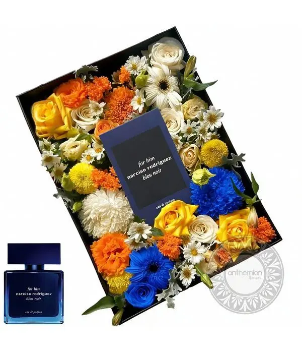 Flowers in a box with Narciso Rodriguez for him bleu noir 50 ml perfume