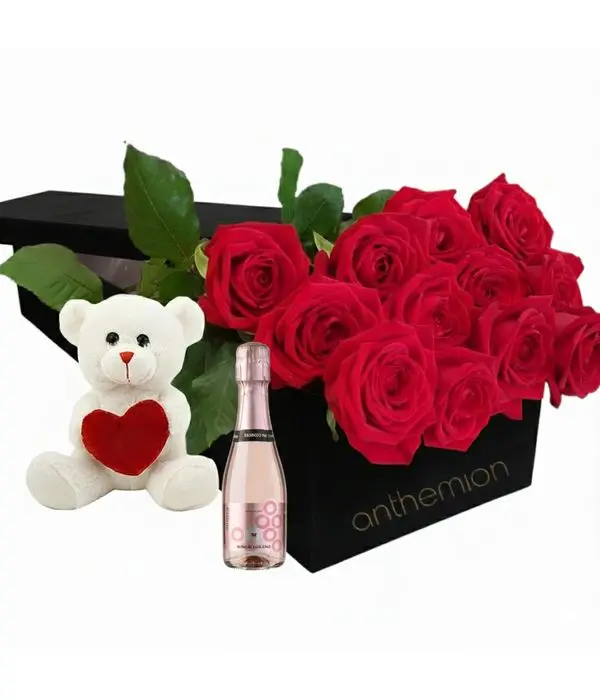 12 Red roses in gift box with teddy bear and sparkling wine