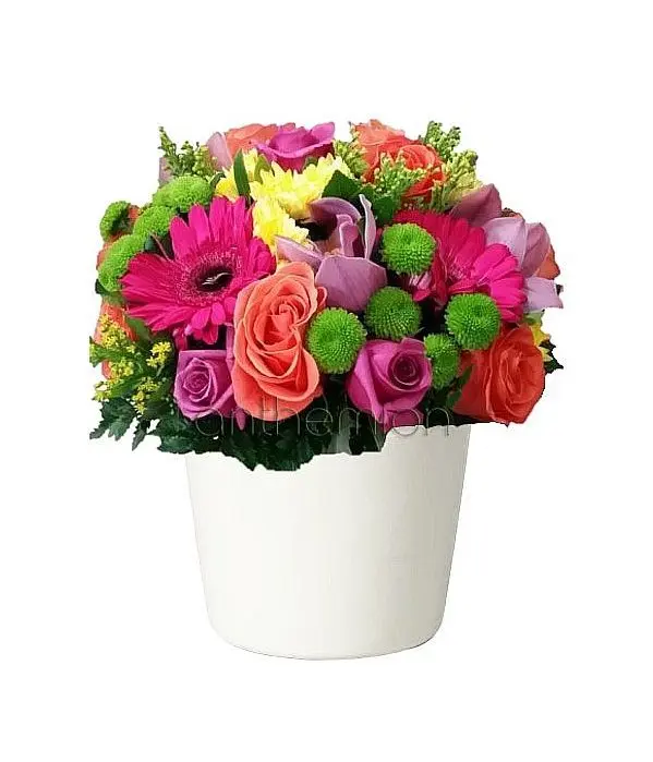 Ceramic pot with colorful flowers