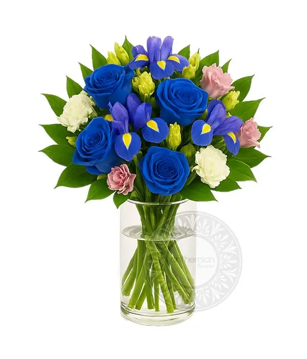 Bouquet with blue roses, irises and lisianthus
